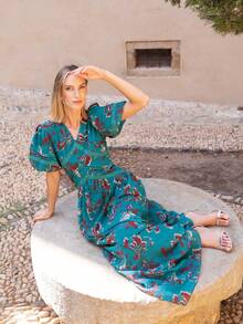 Faeriesty Vestido maxi elegante de gasa con cuello en V, estampado floral, mangas abullonadas y ribete de encaje, cintura ajustada, perfecto para vacaciones, bodas y fiestas de jardín. - Agua verde azul - Ver 3