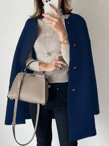 Manteau mi-long grande taille, fermeture à boutons devant, col rond, manches longues, manteau tricoté de couleur unie, best-seller automne/hiver printemps - Bleu marine - Voir 3