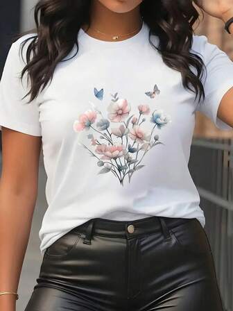Plus Size Women's Summer Floral Bouquet With Butterfly Pattern Short - Sleeve T - Shirt Graphic T-Shirt,Casual Comfort Top Daily Wear | Summer Outfit Women,Tops,Graphic Tee | Plus Size Women Clothes,Plus Size Tops,Tops Plus Size Women,Curvy Plus Size Clothes,Plus Tops,Plus Size T Shirts,Plus Size Maternity Clothes,Tshirts Women Plus Size
