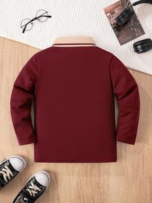 Young Boy Classic Casual Polo Shirt With Letter Embroidery Badge, Color Block Trim Collar, Long Sleeve, Suitable For Daily, Group Travel, Gathering, Outdoor Activities - Burgundy - View 3
