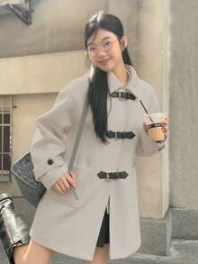 黑色 Polo 领羊毛混纺大衣，高品质女士外套，适合秋冬季穿着 - 燕麥色 - 查看 7