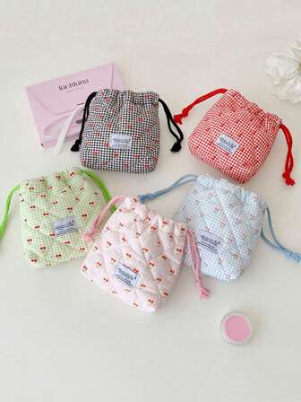 1 件装女士迷你樱桃图案抽绳化妆包旅行小口红收纳袋卫生巾袋短途旅行必备收纳套装，旅行整理收纳包套装旅行必备品，情人节礼物，生日礼物，教师节礼物，新年礼物