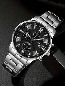 2 piezas Conjunto de reloj de lujo de negocios para hombres, reloj de cuarzo de acero inoxidable con función múltiple y esfera negra, con cartera de cuero negro con relieve. El reloj presenta un diseño de esfera bellamente diseñado y una correa de acero de alta calidad, mientras que la cartera muestra una artesanía de relieve exquisita. - Plateado - Ver 5