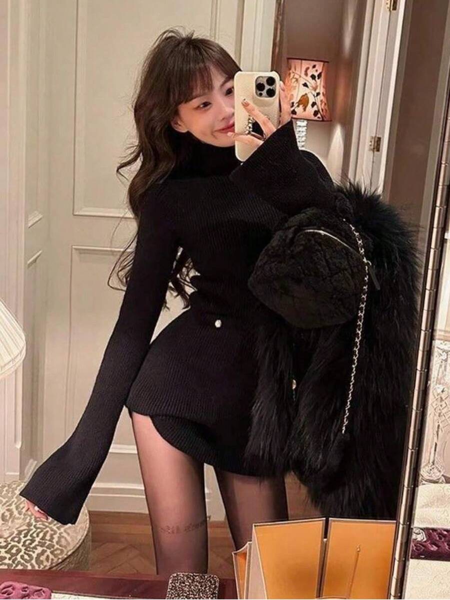Women Sweater Dresses - Black - View 1