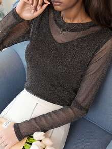 Elegante top a maniche lunghe e lucido per donna, vestibilità morbida, versatile, stile pendolare, adatto per autunno/inverno - nero - Visualizzare 10