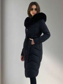 Women's Long Threaded Winter Coat With Faux Fur Hat - Warm Winter Outdoor Wear With Self-Locking Fit - Black - View 1