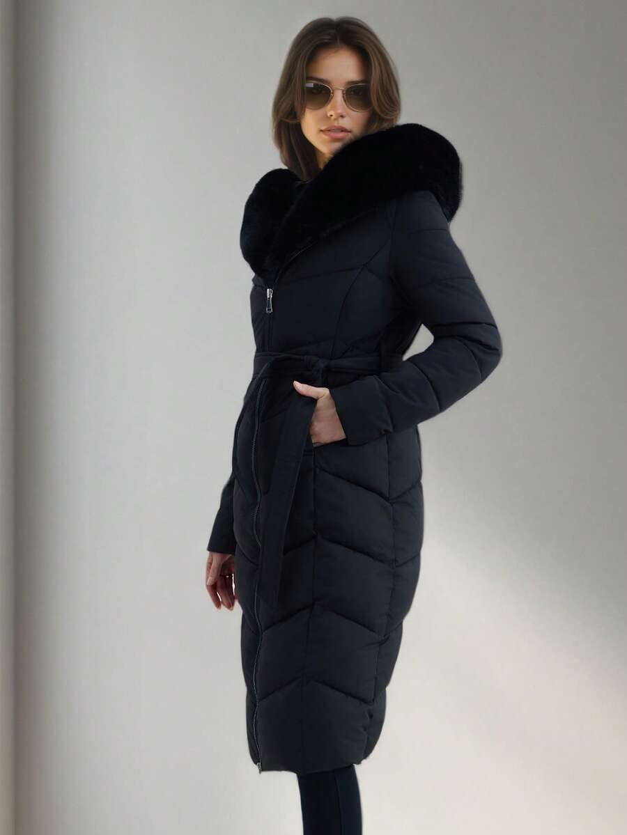Women's Long Threaded Winter Coat With Faux Fur Hat - Warm Winter Outdoor Wear With Self-Locking Fit - Black - View 1