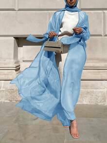 Áo choàng Abaya dài dáng rộng thanh lịch dành cho nữ, chất liệu voan mỏng, kiểu kimono, tay cánh dơi, không kèm khăn trùm đầu, không kèm áo lót bên trong, giao hàng nhanh chóng mùa xuân. - Màu xanh nhạt - Xem 6