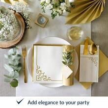 PAW - Linen Feel Napkins With Built-In Flatware Pocket, Soft And Absorbent Paper Pre-Folded Napkins With Gold Frame, Elegant Guest Towels, Wedding Party, Dinner, Birthday, Gatherings, 50 Count,Flatwpkins,ElegantFrameGold - 優雅的金色相框 - 查看 5