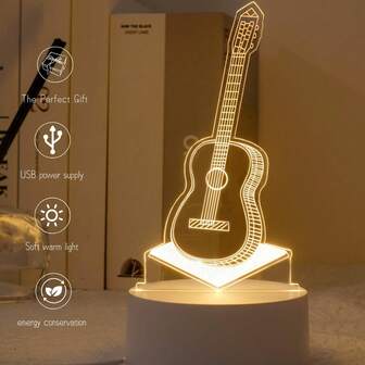 1pc Solid Color Warm Light Modern Creative 3D Guitar Effect LED Night Light, Music Lover's Collectible Desk Lamp, Suitable For Music Festival, Thanksgiving, Christmas, Birthday, Valentine's Day, Mother's Day, Holiday Gift, Home Decor Ambiance, Celebration Mood Lighting, USB Powered, Soft Lighting & Sleep Night Light