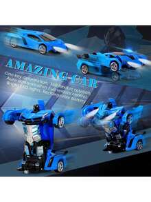 Ultimate 2-In-1 Transformable RC Car: 2.4GHz One-Touch Deformation Robot & 360° Spin Drifting, LED Flashing Lights & Music Effects, All-Terrain 4WD With Rechargeable Battery– Ideal Christmas/Birthday Toy Gift For Boys Age 3-12 (Blue) - Blue - View 6