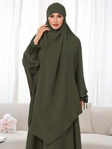 مجموعة حجاب + عباية مسلمة 2 قطعة، قماش نيدا أحادي اللون، لطيف على البشرة وقابل للتنفس، خمار طويل مزدوج الطبقة، مناسب للنساء المسلمات للارتداء اليومي والصلاة، جميع الفصول