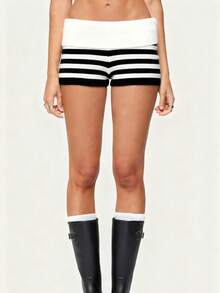 Women's Striped Knit Shorts, Versatile Slim-Fit Striped Shorts For Women - 黑色 - 查看 5