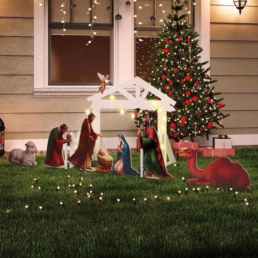 10 Pcs 3.5 Ft Christmas Outdoor Nativity Set - Yard & Lawn Signs, Religious Holy Jesus Birth Manger Scene Decor For Holiday Outdoor Display - Multicolor - View 1