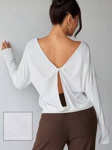 Blusa de manga larga con estampado de leopardo, espalda con nudo, manga de murciélago calada, corte holgado, adecuada para gimnasio, exterior, correr, uso casual diario, para todas las estaciones - Blanco - Ver 1