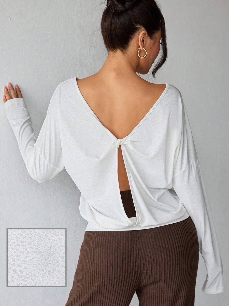 Blusa de manga larga con estampado de leopardo, espalda con nudo, manga de murciélago calada, corte holgado, adecuada para gimnasio, exterior, correr, uso casual diario, para todas las estaciones - Blanco - Ver 1