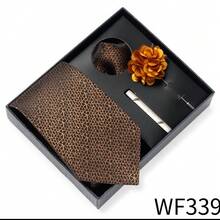 AlanKing 四件套：优雅棕色条纹领带、领带夹、胸针、口袋巾，正式商务婚礼领带装饰，节日礼物 - 混色 - 查看 1