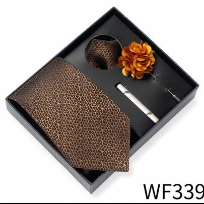 AlanKing 4pcs Set: Elegant Brown Striped Necktie, Tie Clip, Lapel Pin, Pocket Square, Formal Business Wedding Tie Decoration, Holiday Gift