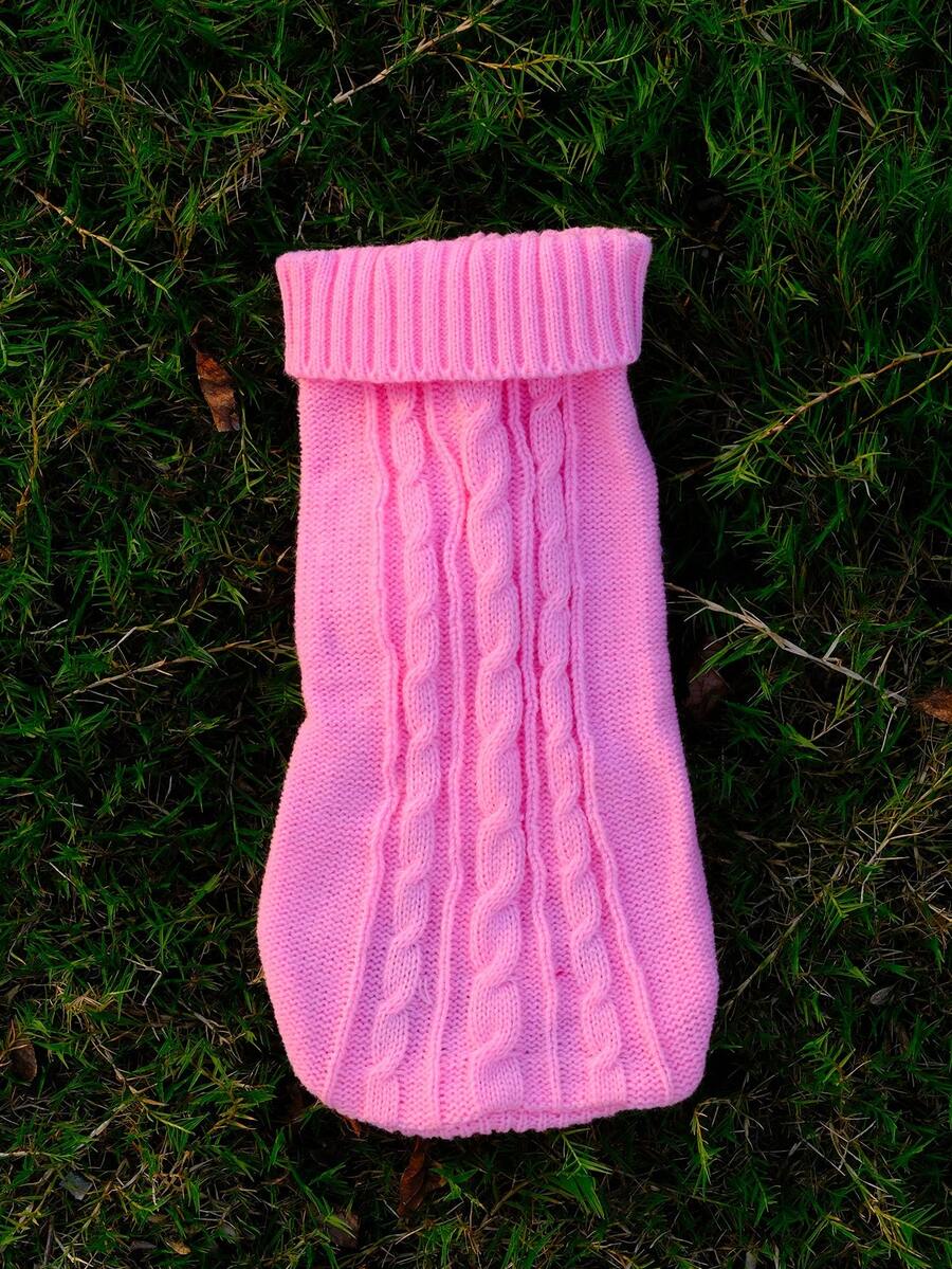 1 pieza Suéter de punto de cable de unicolor para mascotas, ropa de invierno para gatos y perros - Rosa - Ver 1