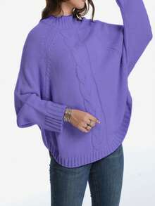 Plus Size Casual Solid Color Batwing Sleeve Pullover Sweater, Autumn/Winter - Purple - View 1