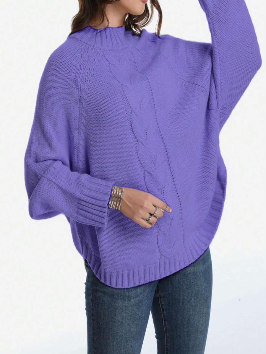 Plus Size Casual Solid Color Batwing Sleeve Pullover Sweater, Autumn/Winter - Purple - View 1