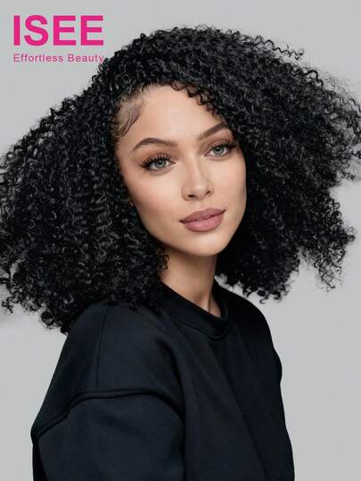ISEE Hair Afro Curly 3 In 1 Half Wig InvisiFit Strap Human Hair Wear Go Half Wig For Beginners With Elastic Drawstring Seamless Flip Over Wig 14-16 Bob Inch 18-28 Regular Inch 180% Density No Glue No Lace Natural Color Charm Elegant Casual Fashion School Supplies