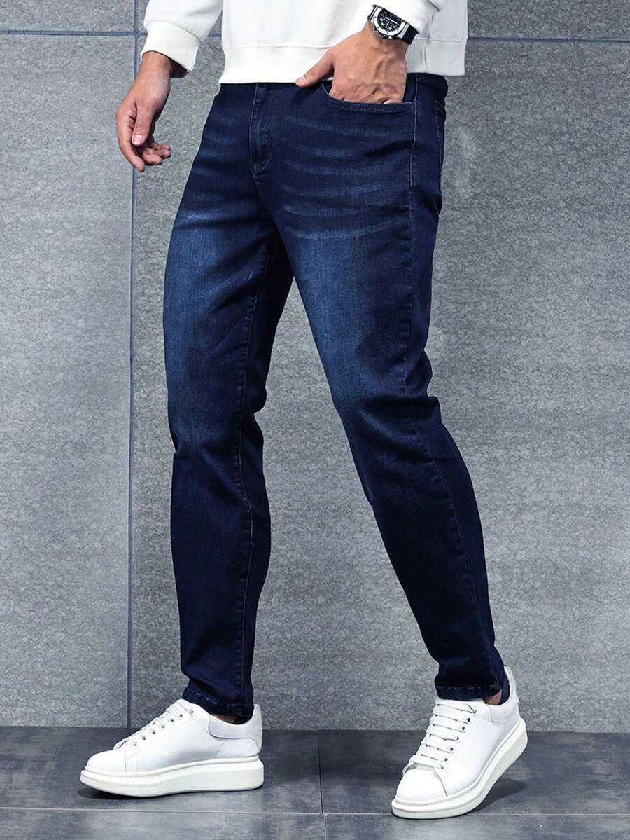 Men's Blue Stretch Washed Denim Denim Trousers With Pockets - Slim Straight Slacks, Medium Stretch, Suitable For All Seasons, Machine Washable & Dry Clean, Comfortable To Wear With Attention To Detail - Vaqueros Para Hombre - Navy Blue (32L) - View 1