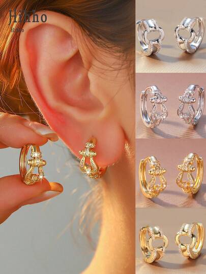 Hihho 一对简约闪亮锆石经典O形幸运马蹄形耳钉，适合女性日常佩戴、派对、购物、节日珠宝礼品。