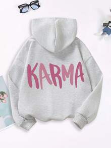1 st svart tröja med "KARMA"-tryck för tonårsflickor, mjuk och bekväm, för vardagsbruk - Grå - Visa 2
