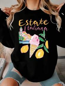 Womens Italian Themed  Sweatshirt With Italy Map Italian Phrases Print     Soft Round Neck Pullover Sweater Fo (2) - màu đen - Xem 1