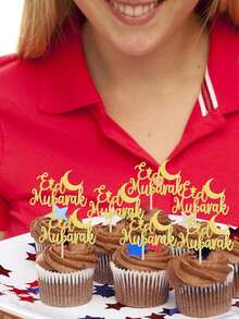 12pcs Gold Eid Mubarak Cupcake Toppers, Glitter Moon Star Ramadan Kareem Cupcake Picks Decorations For Eid Islamic Muslim Theme Party Supplies - Gold Letters - View 5