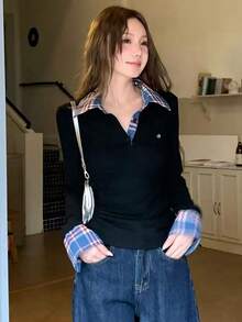 Women's Polo Collar Mock Layer Plaid Patchwork Long Sleeve T-Shirt, Stylish Fitted Slim Fit Long Sleeve Top