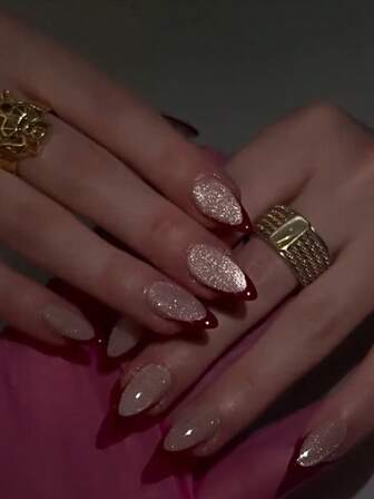 24pcs French Red Nails Press On Cat Eye Press On Nails Short Nails Art Almond Shape False Nails Manicure Set Includes 1sheet Adhesive Tabs & 1pc Mini File Perfect For Everyday Wvear