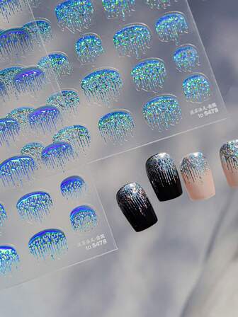 1 pieza Pegatinas de arte de uñas con destellos de lentejuelas, puntas francesas con borlas, cinta de línea francesa, calcomanías con brillo láser, diseños de arte de uñas simples, deslizadores autoadhesivos para suministros de acrílico, decoración de uñas DIY