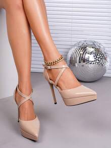 12厘米超高跟防水厚底性感女鞋,简约交叉踝带尖头细高跟鞋,优雅杏色仿皮凉鞋,适合派对、夜店、毕业典礼、职场、晚宴、通勤、夏季度假等场合,优雅商务休闲春季时尚 - 杏色 - 查看 2