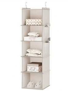 1-Piece Multi-Tier Hanging Storage Rack - 5-Tier Durable Clear Shelves Wardrobe Organizer With Hanging Hooks For Clothes, Shoes, Toys - Space-Saving Multifunctional Room Storage (Matte Finish) - Beige - View 9