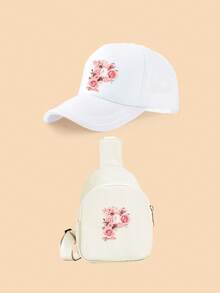 2件套女童白色26字母粉色玫瑰卡车帽套装，时尚可爱轻便遮阳帽，适合作为生日/节日礼物，适合春夏户外活动、登山、上学、玩耍 - 白色 - 查看 22