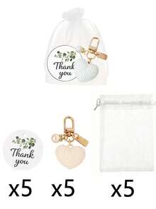 30/15pcs Pearl Heart Shaped Keychain Gift Set, Includes 5 Keychains, 5 Thank You Cards And 5 Organza Bags. Features Hollow Pearl Heart Decor, Bag Charms, Suitable As Party Favors. Perfect For Valentine's Day, Wedding Favors, Banquet Gifts, Bridal Shower Favors, Mother's Day Gifts And Other Party Gifts. - Multicolor - View 9