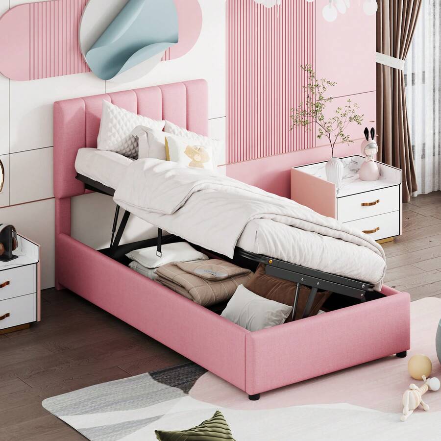 Upholstered Children's Bed 90x200 Cm, Hydraulic Storage Bed, Soft Linen Loft Bed, Pink