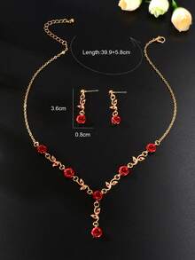 新款优雅金叶红玫瑰吊坠项链耳环新娘首饰套装 - 紅色 - 查看 5