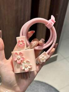 5pcs Pink Sakura Charging Cable Protector Sleeves Compatible With Apple 20W Charger - Pink - View 10