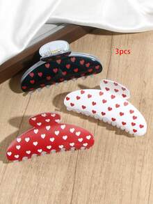 3pcs Minimalist Heart Print Semi-Circle Hair Clips, Elegant Hair Claw Hairstyle Accessories, Daily & Holiday Gift - 3pcs Black/white/red - View 7