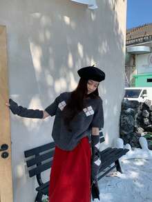 Vintage Korean Style Christmas Vibe Round Neck Short Sleeve Sweater With Matching Sleeve Cuffs - Grey - View 2