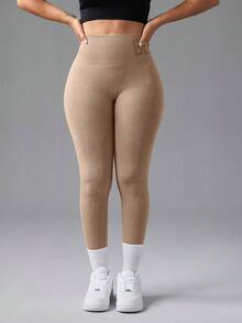 2 Pieces Of Women's Sports Yoga Pants, Basic Solid Color Seamless High Waist, Hip Lifting Elastic, Breathable Sports Leggings, Suitable For Gym, Yoga, Fitness And Daily Exercise - 黑色卡其 - 查看 3