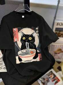 女款卡通猫咪拉面印花短袖T恤，适合日常穿着、外出、聚会、上学、参加音乐节、度假、通勤等场合。可作为礼物送给家人、男友、女友、朋友，也是女孩夏季服装的理想之选。 - 黑色 - 查看 4