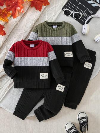 Sweat-shirt-shirt à manches longues avec rayures asymétriques et blocs de couleurs pour bébés garçons + pantalon thermique décontracté avec décoration de lettres, tenue d'automne/hiver