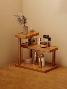 Multi-Tier Wooden Countertop Storage Rack With Cup Holder - Modern Light Brown Freestanding Organizer Rack, Space-Saving For Bathroom, Kitchen Or Vanity, Wooden Cosmetics And Toiletries Storage Rack