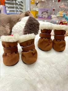 4pcs Winter Warm Dog Boots - Anti-Slip Polyester Pet Shoes, Wool Lining, Hook And Loop Strap, Suitable For Small Dogs - All Season, Protect Paws