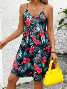 女士夏季热带印花V领无袖连衣裙，适合度假穿着，波西米亚风格连衣裙