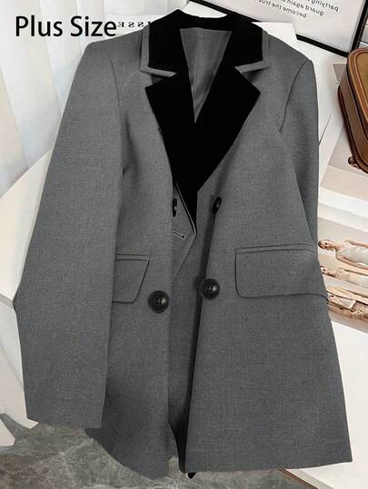 女士灰色西装外套，黑色翻领 - 双排扣，优雅商务休闲两相宜，大码外套